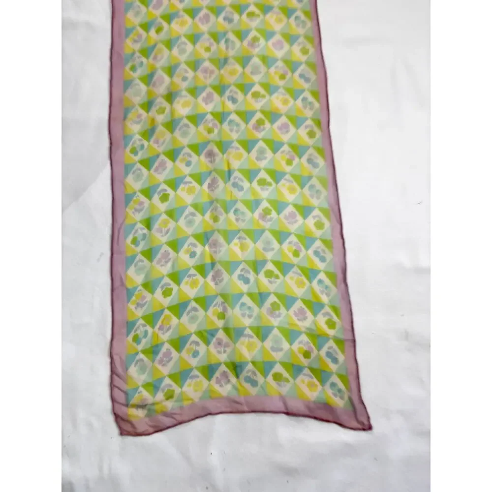 Vintage 1960s Silk Chiffon Scarf Geometric Floral Purple Green Blue Hand Rolled